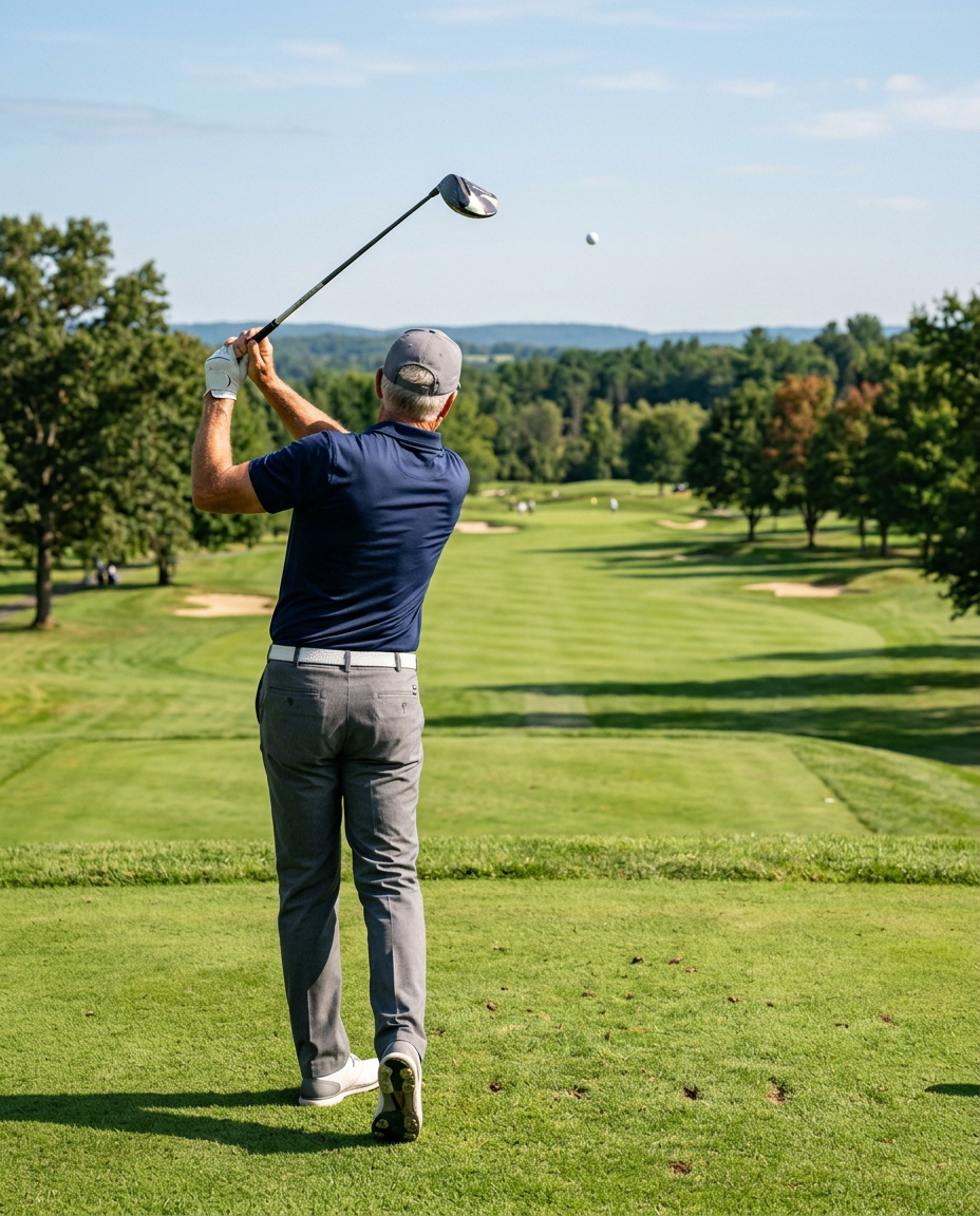 Golfer watching his drive fly long down the fairway