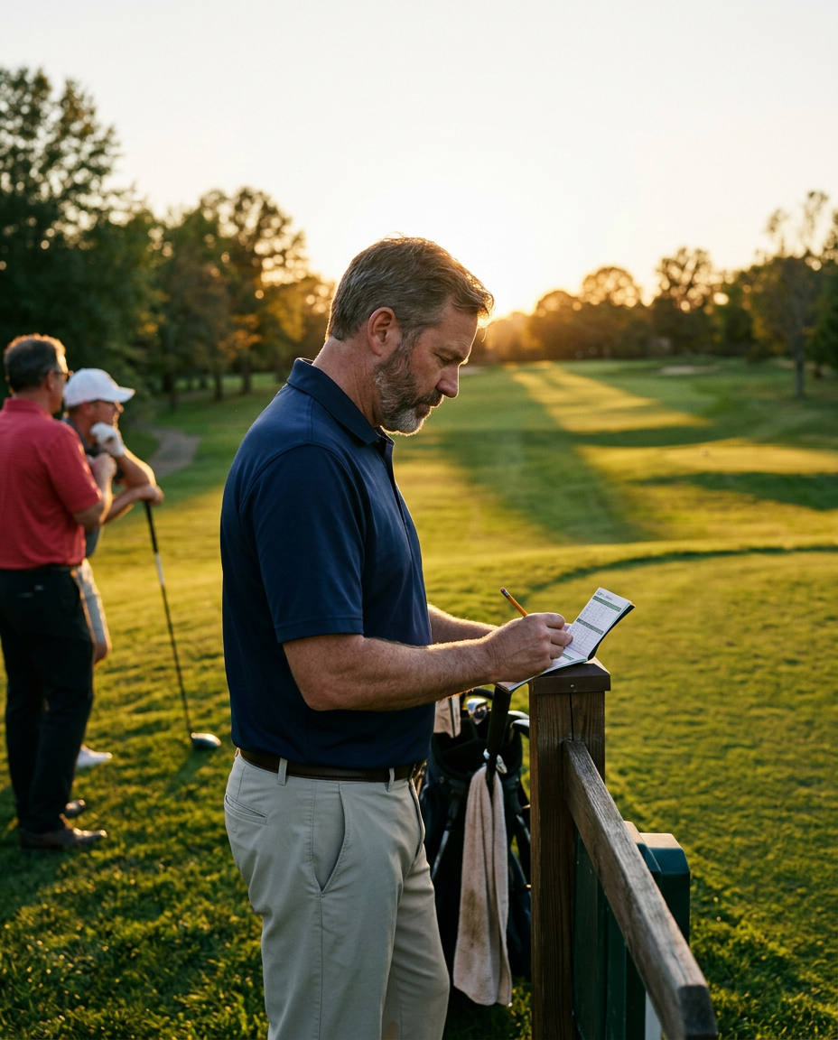 Golfer swinging confidently in late afternoon light