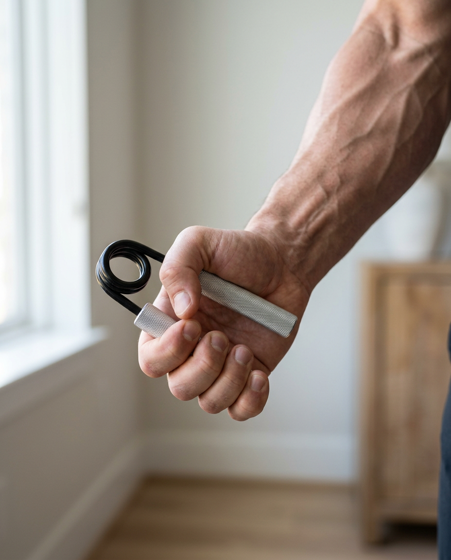 Hand squeezing a handheld grip strength trainer