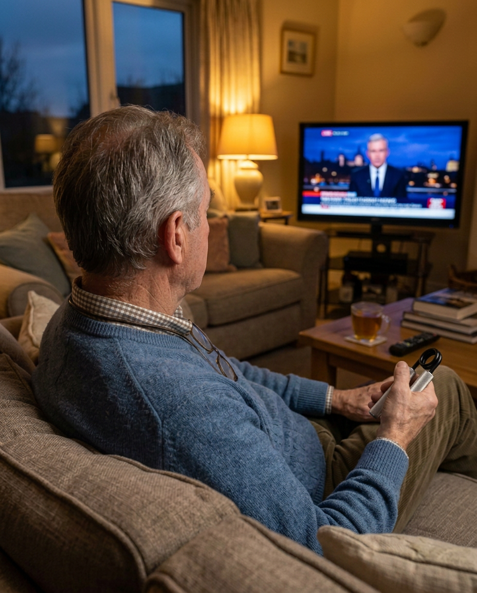 Man casually training his grip while watching TV at home