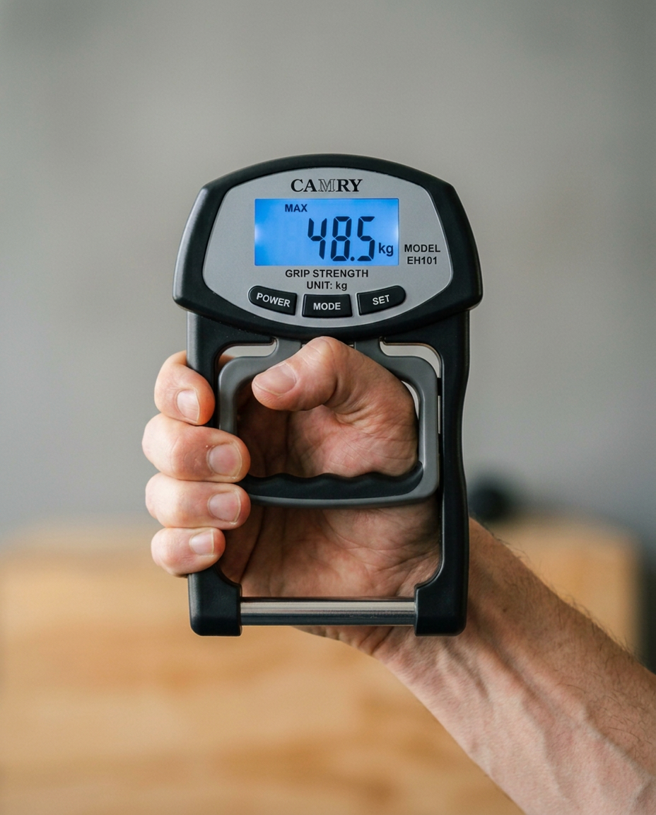 Hand gripping a digital hand dynamometer showing a grip strength reading