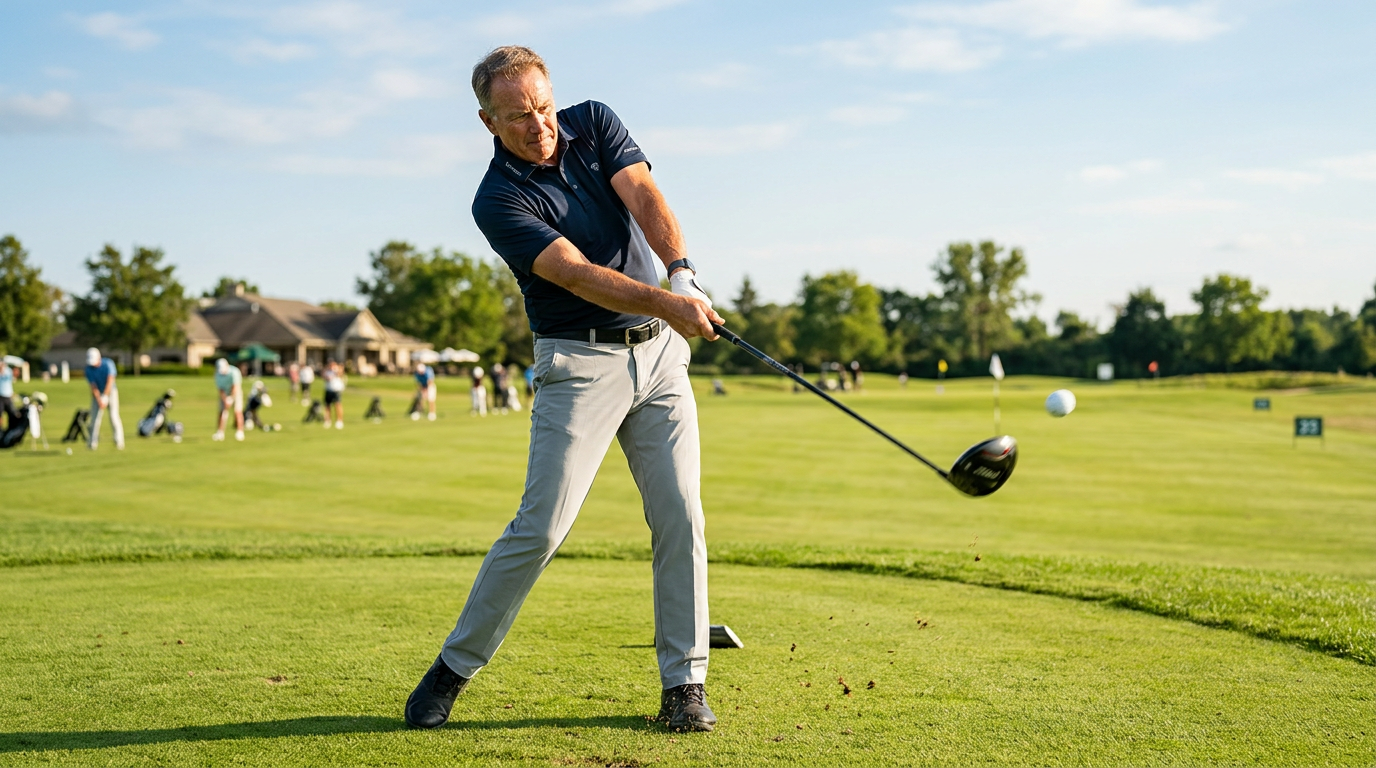 Golfer mid-swing on the tee