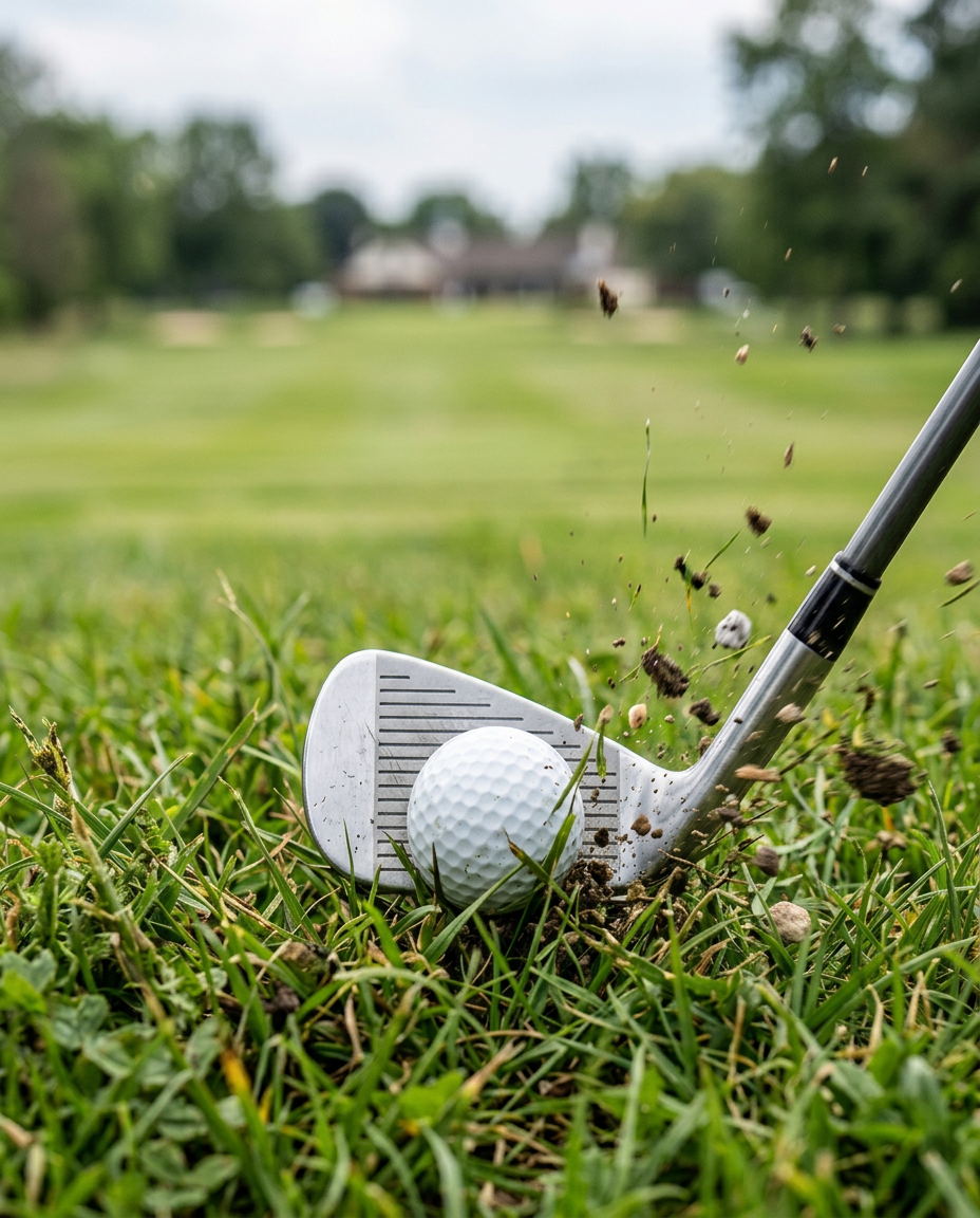 Golf club making contact with ball in rough